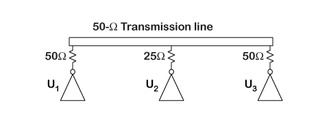 Three drivers connect to the same bus through series resistors.